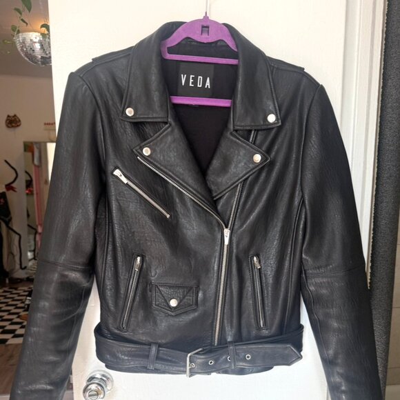Veda Jayne Classic Leather Jacket Large Black Biker Jacket - Picture 2 of 4